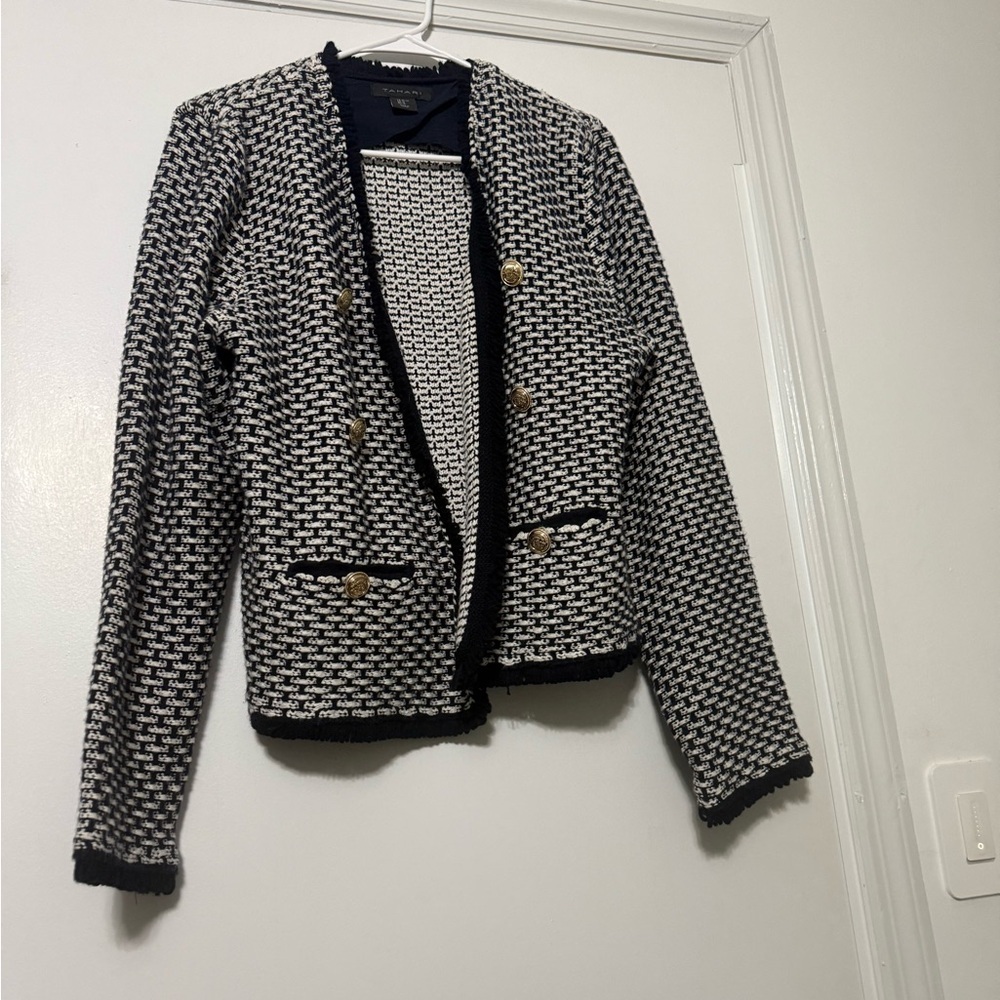 Tahari Navy Blue + White Cardigan